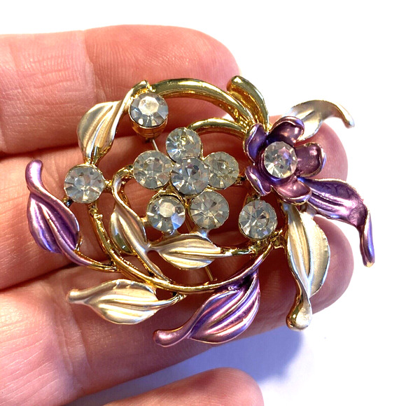 Vintage inspired flower brooch goldtone pink & silver wash white rhinestones - Picture 6 of 7